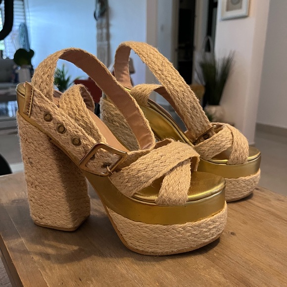 Shoes - Rafia High Platform Sandals, Ankle, Sz 6.5